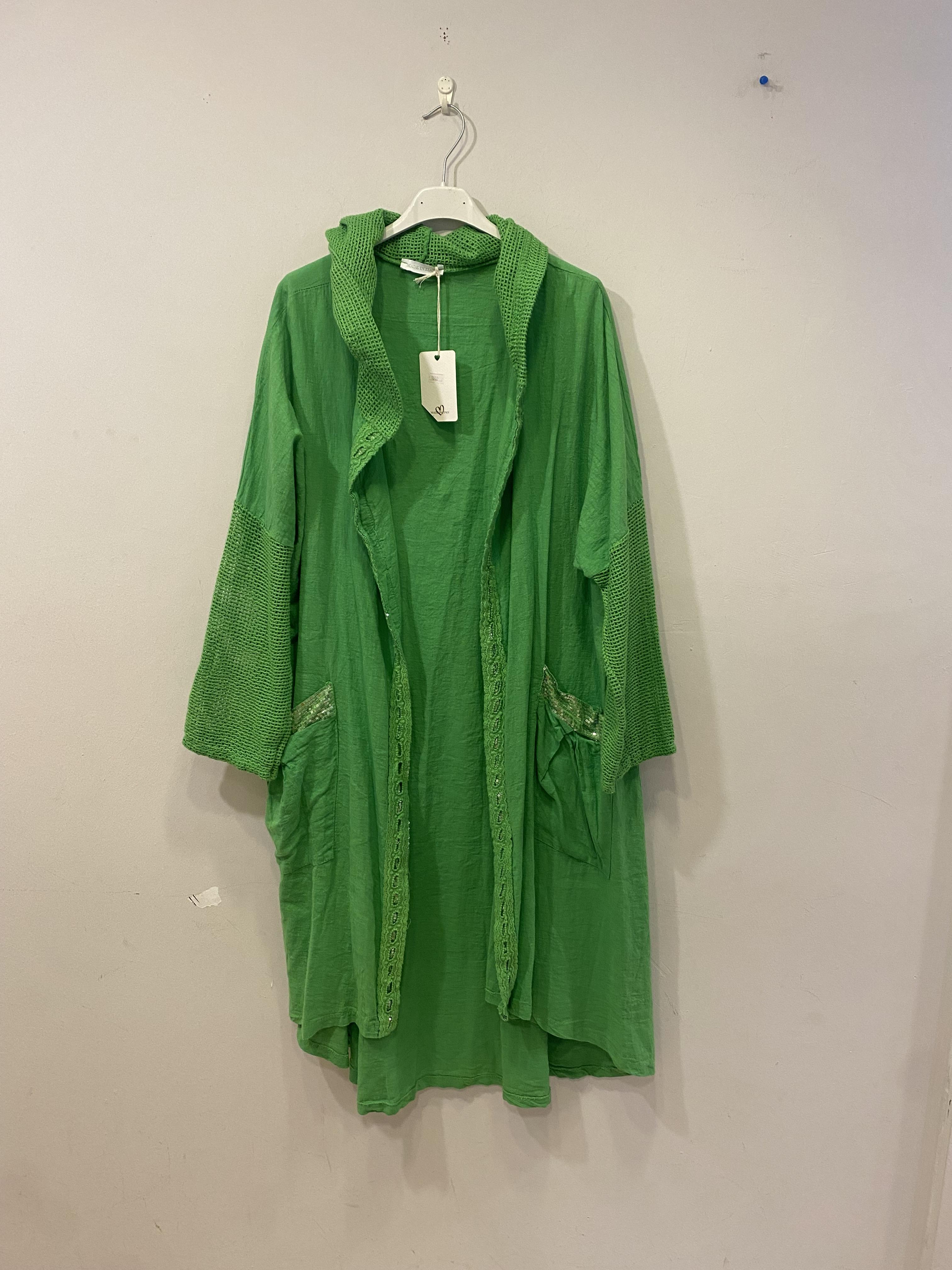 File kollu pul payet cep detaylı kapşonlu 38-44 beden uyumlu ham keten dış kap